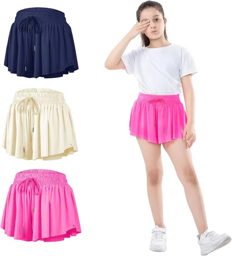 Paquete de 3 pantalones cortos fluidos para niñas con bolsillos, 2 en 1, faldas de mariposa fluidas para jóvenes, pantalones cortos para correr,