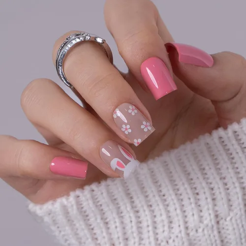 Miniatura 18 de Uñas a presión CurvLife cortas cuadradas Beige, Blancas, Rosas, Uñas postizas falsas acrílicas con diseño de albaricoque, uñas de cobertura completa