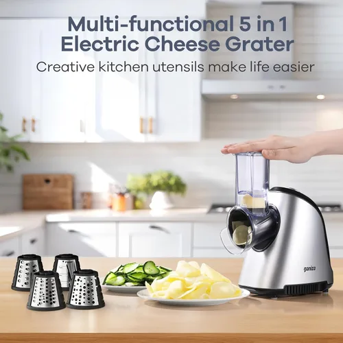 Miniatura 2 de Ganiza Rallador eléctrico 5 en 1 para cocina, triturador de queso máximo de 250 W, 5 cuchillas intercambiables, cortador eléctrico