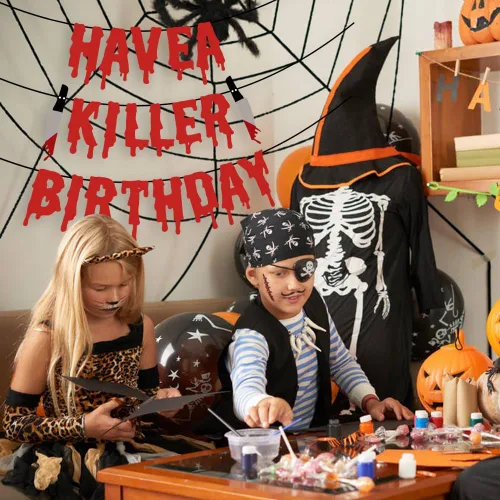 Miniatura 6 de Quimoy Decoraciones de cumpleaños Have a Killer, decoraciones de pancarta de Halloween, con 12 calcomanías de pared de murciélagos para decoración