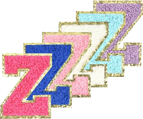 Miniatura 32 de 6 piezas de parches de letras de chenilla autoadhesivas con purpurina para planchar, parches de letras universitarias estilo preppy, letras difusas