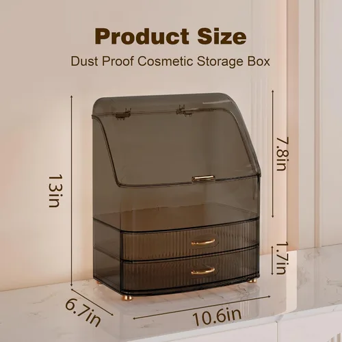 Miniatura 5 de Organizador de maquillaje para encimera de tocador con cajones, tapa transparente, impermeable y a prueba de polvo, almacenamiento de cosméticos