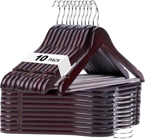 Miniatura 15 de HOUSE DAY - Paquete de 10 perchas de madera negra, percha de madera maciza con barra antideslizante para pantalones, percha de abrigo de madera Negro