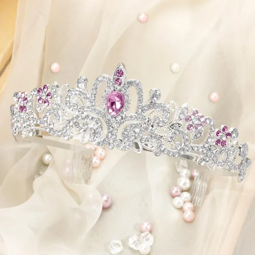 Miniatura 2 de Tiaras plateadas de cristal para mujer, diadema de diamantes de imitación para niña, corona de princesa con peines, elegantes decoraciones