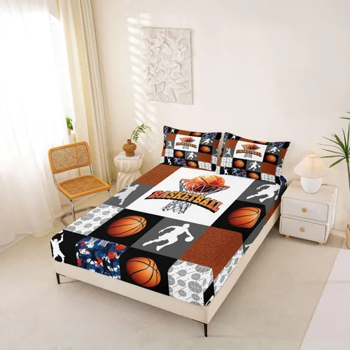 Miniatura 4 de Sábanas de baloncesto tamaño matrimonial con bolsillo profundo para niños, ropa de cama deportiva, juego de sábanas para atletas de baloncesto