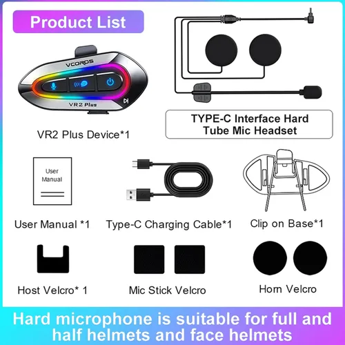 Miniatura 8 de VCOROS Auriculares para casco de motocicleta con luces RGB, intercomunicador de casco de 2 vías para 2 conductores, intercambio de música (N+), chip