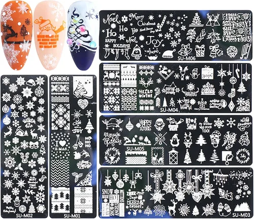 Miniatura 9 de Juego de 6 plantillas de estampado de uñas con líneas francesas, flores, hojas, diseño de corazón sonriente, kits de estampación, herramientas
