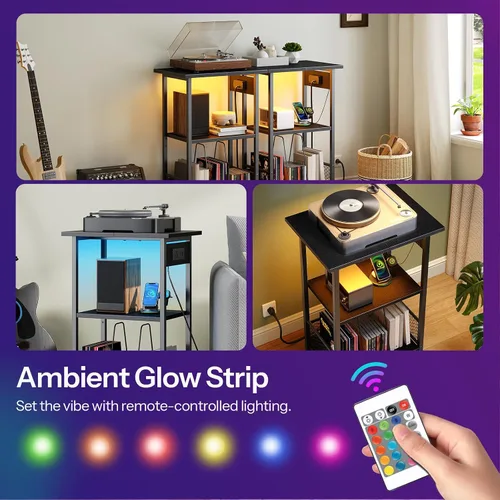 Miniatura 6 de HOOBRO Soporte para tocadiscos con estación de carga y LED, soporte para tocadiscos con almacenamiento, mesa auxiliar de 3 niveles con capacidad