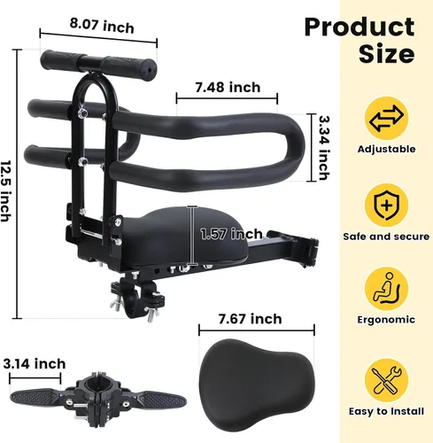 Miniatura 3 de Asiento de bicicleta para niños montado en la parte delantera y manillar, asiento de bicicleta infantil con media barandilla, asientos de bicicleta
