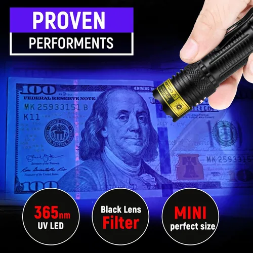 Miniatura 3 de Linterna UV USB-C recargable de 365 nm, mini linterna de luz negra, lámpara de madera resistente al agua portátil, potente luz negra LED UV