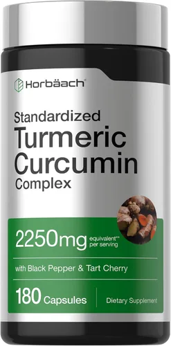 Horbäach Suplemento de curcumina de cúrcuma | 2250 mg | 180 cápsulas | con pimienta negra y cereza agria | Sin OMG y sin gluten