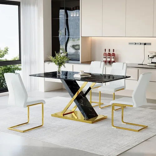 Miniatura 15 de YUNDREAM - Juego de mesa de comedor moderna de mármol para 4, mesa de comedor de oro negro de 63 pulgadas con marco cromado en forma de X y sillas