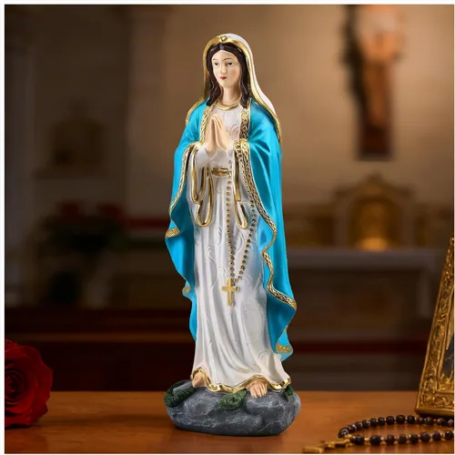 Miniatura 9 de Estatua de la Virgen María rezando con rosario – Estatua católica de resina de Nuestra Señora de Lourdes, figura de la Virgen María para sala