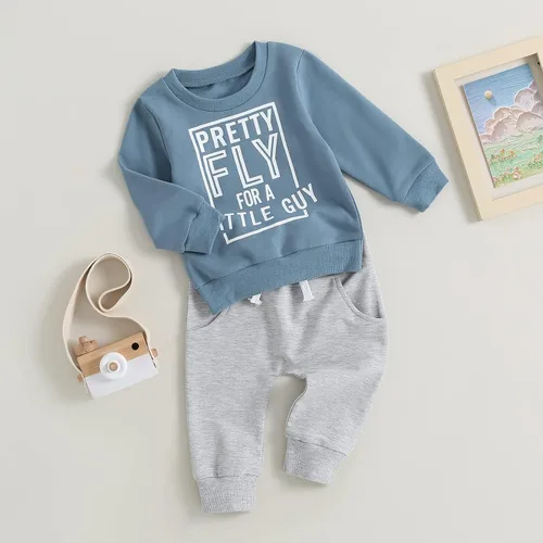 Miniatura 3 de Conjunto de 2 piezas de sudadera con estampado de letras y cuello redondo para bebé niño