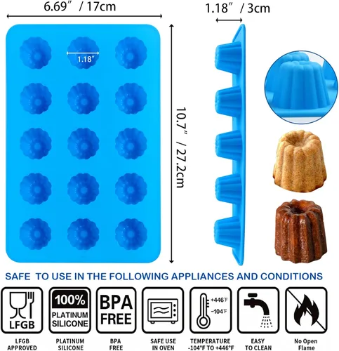Miniatura 2 de Sidosir Molde de silicona para canele pequeño, 15 cavidades, mini molde antiadherente de silicona para hornear panecillos, moldes antiadherentes