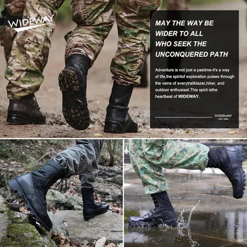 Miniatura 12 de Botas militares de WIDEWAY para hombres, botas de combate de jungla tácticas de cuero resistente al deslizamiento, negras, para hombres, todo