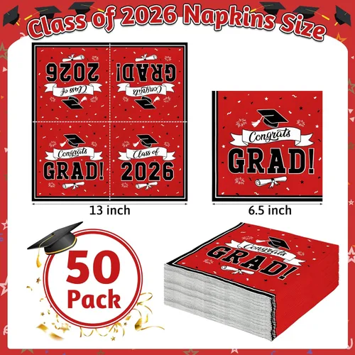 Miniatura 2 de Paquete de 50 servilletas de graduación para la clase de 2026, 6.5 x 6.5 pulgadas, servilletas de graduación rojas, pañuelos de papel clásicos