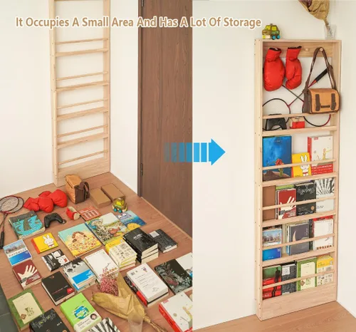 Miniatura 3 de Estantería de madera para niños, estante de montaje en pared con ganchos, organizador para juguetes y libros, ahorro de espacio con ganchos