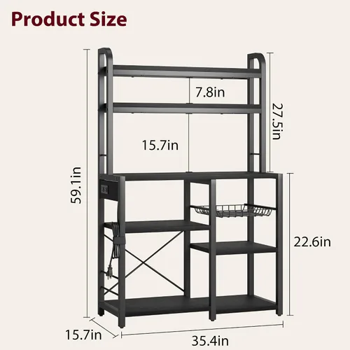 Miniatura 6 de GAOMON Estante para panaderos con toma de corriente, estante de cocina con cesta de alambre, soporte para microondas con grandes estantes