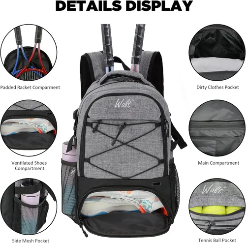 Miniatura 4 de Mochila para raqueta de tenis WOLT - Mochila grande para raqueta de tenis para hombres y mujeres - Compartimento ventilado para zapatos - Capacidad