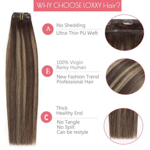 Miniatura 7 de Loxxy Extensiones de cabello humano con clip, sin costuras, 22 pulgadas, color marrón oscuro a castaño oscuro y marrón oscuro, 7 piezas