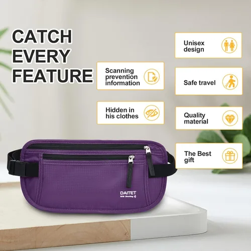 Miniatura 25 de DAITET Cinturón de dinero, soporte para pasaporte, cartera de viaje oculta segura con bloqueo RFID, riñonera encubierta (negro), Negro, Rfid