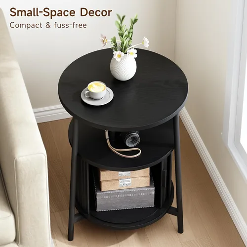 Miniatura 7 de ONBRILL Mesa auxiliar redonda con almacenamiento, mesita de noche acanalada con estación de carga, pequeñas mesas de noche modernas de mediados
