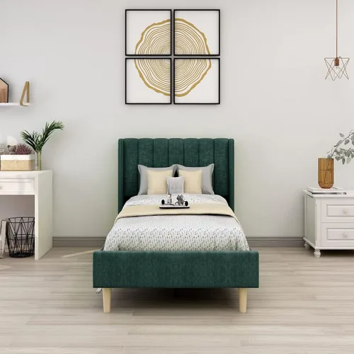 Miniatura 27 de Upholstered Bed Frame with Wingback Headboard and Wood Slats (Beige-Linen, Twin)