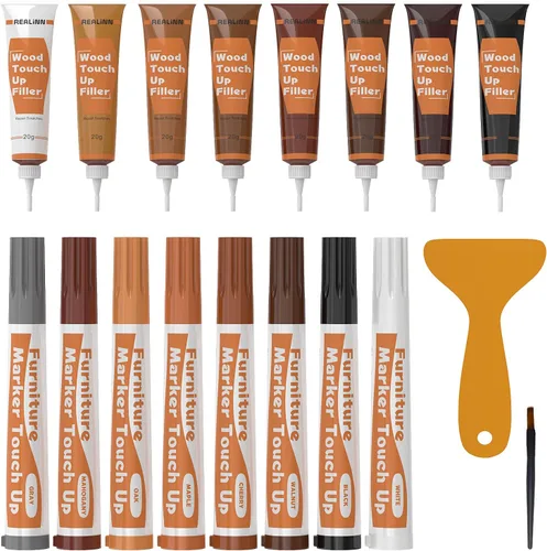REALINN Kit de reparación de muebles de madera, 8 colores oscuros, rellenos de madera y marcadores de retoque, reparación de arañazos, grietas,