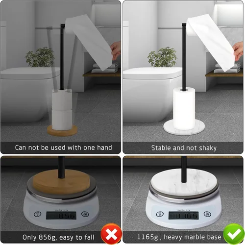 Miniatura 4 de Soporte para papel higiénico con base de mármol, base de piedra natural de pie con reserva, color negro mate, soporte de 4 rollos para encimera
