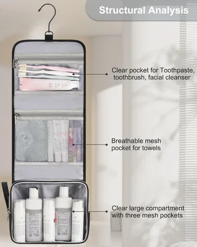 Miniatura 8 de Pequeña bolsa de aseo colgante para hombres y mujeres, organizador colgante portátil para kit de ducha de tamaño de viaje, accesorios de maquillaje