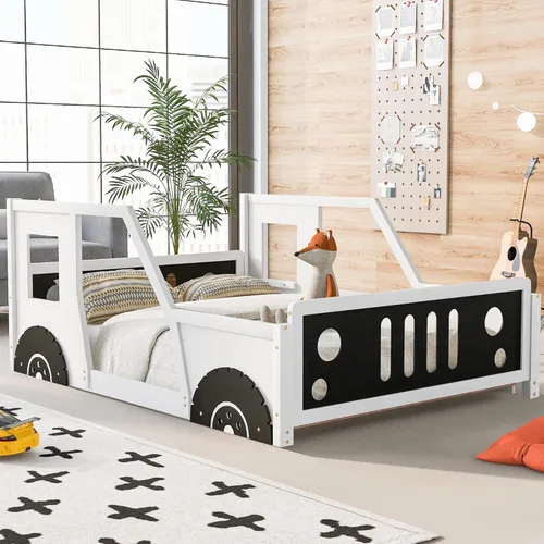 Miniatura 14 de Cama de plataforma en forma de auto de carreras de tamaño individual con ruedas y almacenamiento, base de cama de plataforma de madera maciza