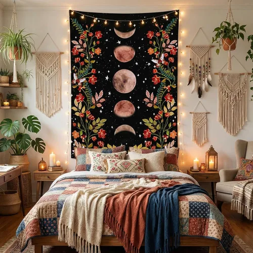 Miniatura 8 de Lifeel - Tapiz de jardín con luz de luna, fase lunar rodeada de vides y flores, tapiz negro para decoración de pared