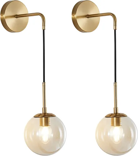 Miniatura 8 de KCO Juego de dos apliques de pared modernos de globo de vidrio, minimalistas, dorados, con cable ajustable, lámpara de lectura redonda de vidrio