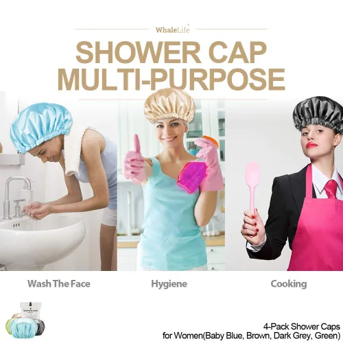 Miniatura 6 de Gorro de ducha para mujer, reutilizables, extra grandes, para hombres, de satén, de doble capa, EVA, impermeable, gorro de pelo largo