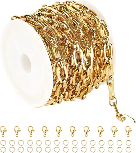 UMAOKANG Cadenas de collar chapadas en oro para hacer joyas, cadena de clip de acero inoxidable 304 a granel con cierres de langosta y anillos Rolo