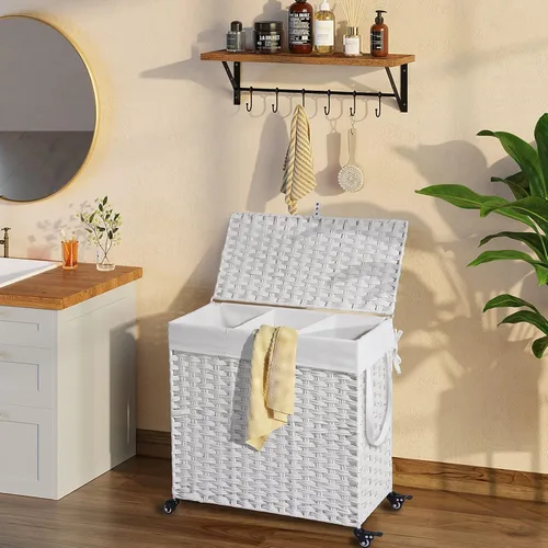 Miniatura 36 de GREENSTELL Cesta para ropa sucia con ruedas y tapa, 130 L, cesta grande de 3 secciones con 2 tipos de bolsas de forro extraíbles, 5 bolsas de malla