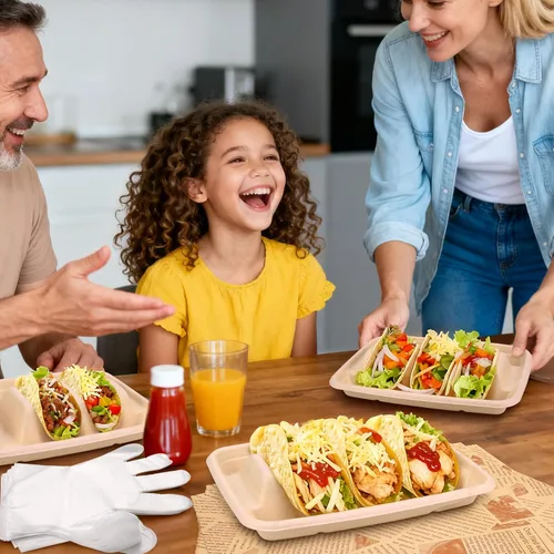 Miniatura 9 de 24 soportes desechables para tacos con 100 forros y 100 guantes, platos de tacos de fibra natural resistentes, bandejas de tacos de 3 compartimentos