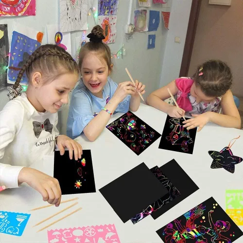 Miniatura 5 de Mocoosy 60 piezas de papel de arte de rayas arcoíris para niños, juego de papel mágico para rascar, suministros de arte y manualidades, almohadillas