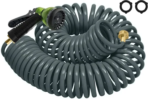 Miniatura 9 de Manguera de jardín de bobina de EVA de 25 pies con conector de latón de 3/4 pulgadas, manguera de agua en espiral, ligera y sin torceduras, incluye