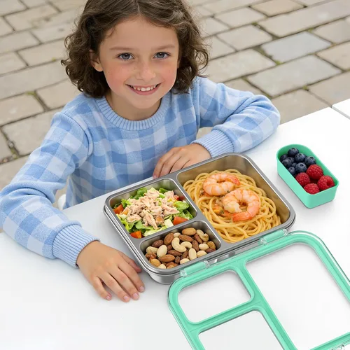 Miniatura 7 de Lonchera Bento de acero inoxidable para niños, lonchera metálica de 3 compartimentos con tapa transparente y silicona extraíble, lonchera para niños