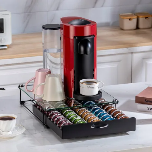 Miniatura 7 de FlagShip Soporte para cápsulas Nespresso, organizador de cápsulas Vertuo, diseño de barra de café y soporte para cafetera, metal negro