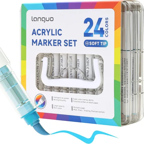 languo Juego de rotuladores de pintura acrílica de 24 colores, marcadores de punta de pincel suave con tinta de secado rápido y que no se corre,
