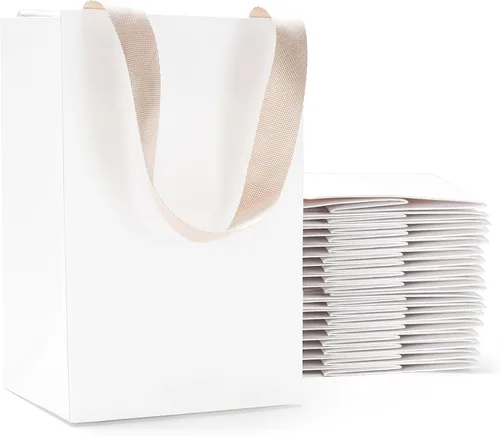 Miniatura 26 de Bolsas de regalo blancas con asas, 10 bolsas pequeñas de papel blanco de 5.25 x 3.75 x 8 pulgadas con asas de cinta, bolsa de compras de papel kraft