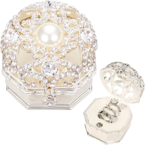 Miniatura 7 de Caja de doble anillo para ceremonia de boda, pequeña caja de anillo de compromiso para propuesta, caja de portador de anillos vintage, caja