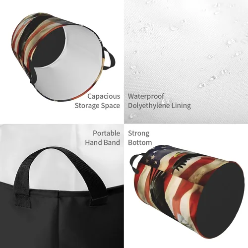 Miniatura 4 de Cesta circular con estampado de bandera estadounidense con águila moscada, impermeable, cesta organizadora de lavandería, con asas, para ropa