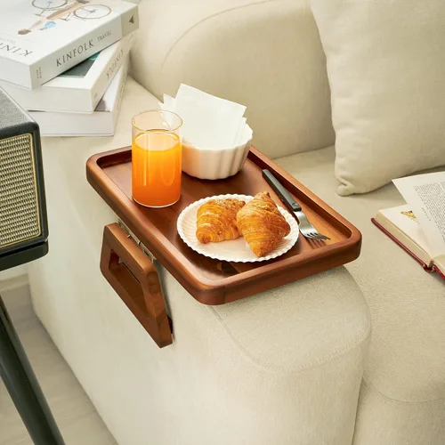 Miniatura 5 de Tinamo Mesa de brazo de acacia de 13.75 x 9.5 pulgadas, bandeja de brazo de sofá de madera, mesa de reposabrazos para sofá, bandeja de reposabrazos