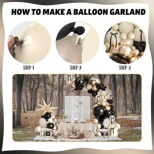 Miniatura 7 de Kit de guirnalda de globos negro, blanco y dorado, 115 piezas de arco de globos beige arena negro crema oro metálico con globos de papel de aluminio