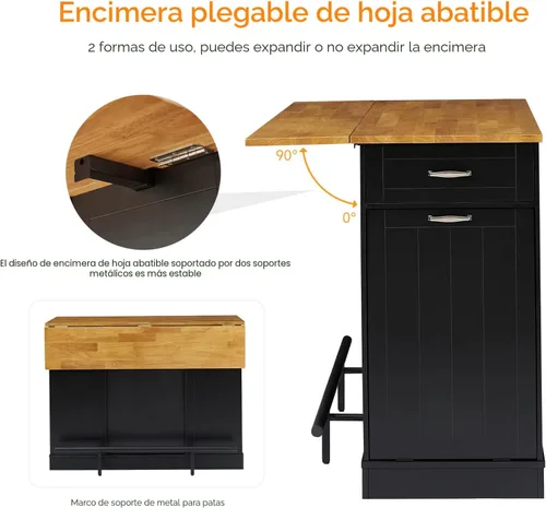 Miniatura 4 de ONBRILL Las islas de cocina estacionarias incluyen 2 sillas, isla de cocina de 47 pulgadas con hoja caída, mesa de bar para el hogar con estante