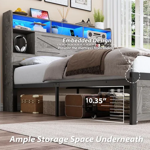 Miniatura 6 de TIGUBFRE Base de cama Queen con cabecera de almacenamiento, marco de cama de madera de granja tamaño Queen con 4 cajones, luz LED y estación de gris